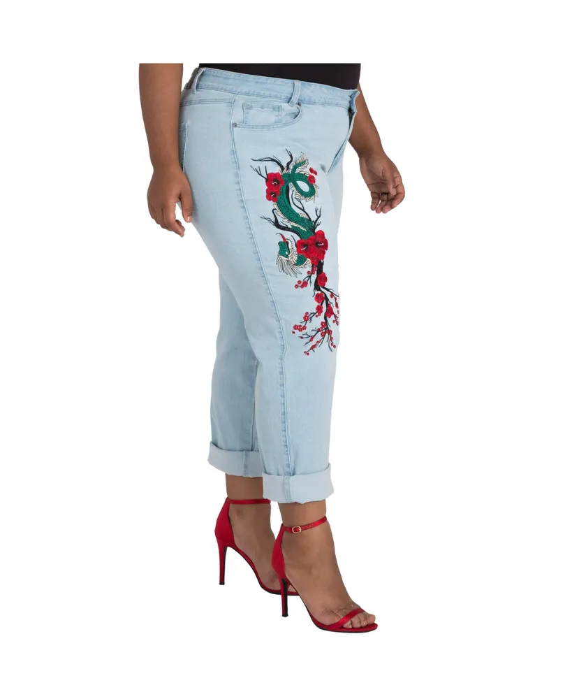 Women's Plus Size Curvy Fit Light Wash Dragon Embroidered Boyfriend Jeans