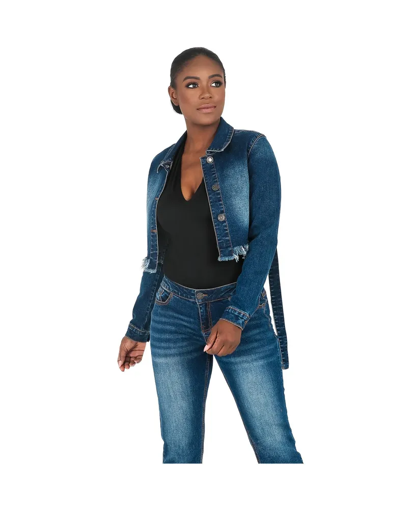 Women's Curvy Fit Frayed Hem Indigo Tinted Cropped Jean Jacket