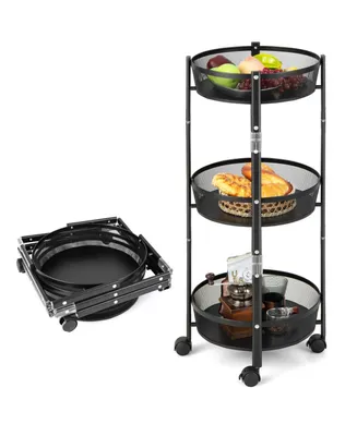 Round 3-Tier Rotating 1-Second folding Storage Rack Metal Rolling Cart