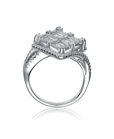 Sterling Silver White Gold Plated Square & Clear Cubic Zirconia Fashionista Ring