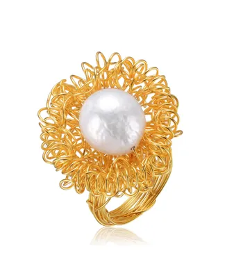 Unique Sterling Silver 14K Gold Plated 14MM Genuine Freshwater Pearl Ring