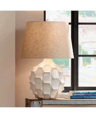 Cosgrove Mid Century Modern Table Lamp 26.5" High Ceramic White Glaze Light Brown Linen Drum Shade Decor for Living Room Bedroom House Bedside Nightst