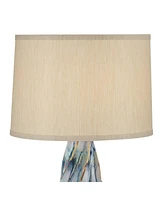 Teresa Modern Coastal Table Lamp 31" Tall Teal Blue Drip Ceramic Beige Fabric Drum Shade Decor for Bedroom Living Room House Bedside Nightstand H