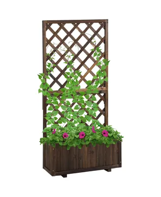 Outsunny Wooden Raised Garden Bed with Trellis and Drain Holes, Brown