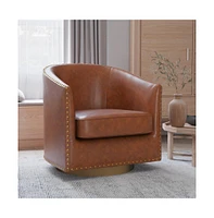 Ada Upholstered Club Style Barrel Chair With Nail Trim, Sloped Arms, And 360 Degree Swivel Base In A Vinyl Wrap