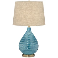 Kayley Mid Century Modern Coastal Table Lamp Textured Ceramic 24" High Sky Blue Glaze Linen Fabric Tapered Drum Shade for Living Room Bedroom House Be