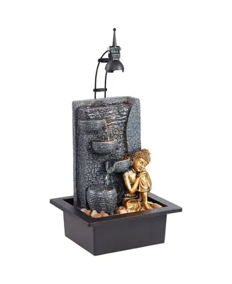 Kneeling Buddha Asian Zen Indoor Tabletop Water Fountain 17" High with Led Light Cascading Meditation Decor for Table Desk