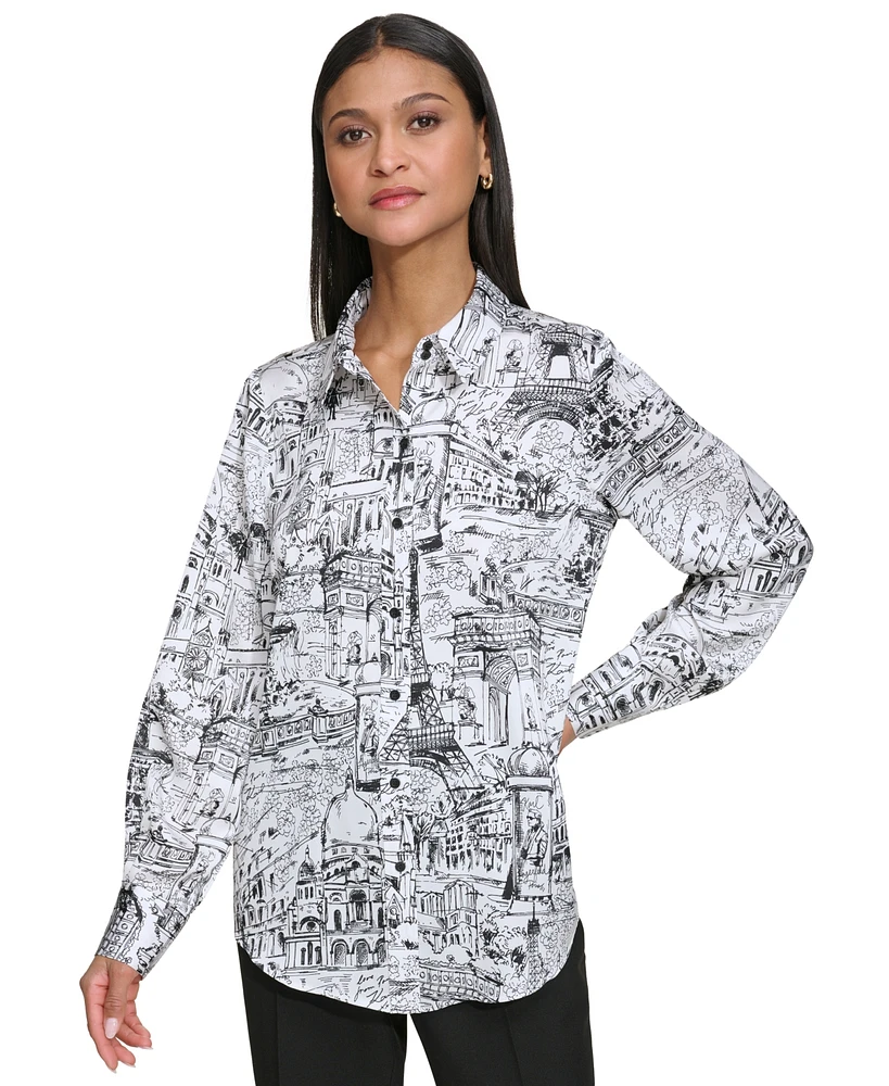 Karl Lagerfeld Women's City-Print Long-Sleeve Button-Up Shirt