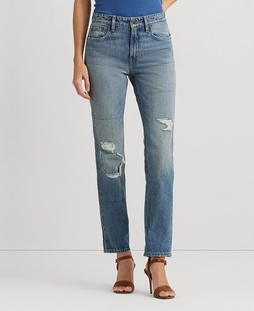 Lauren Ralph Women's High-Rise Ripped Straight Ankle Jeans