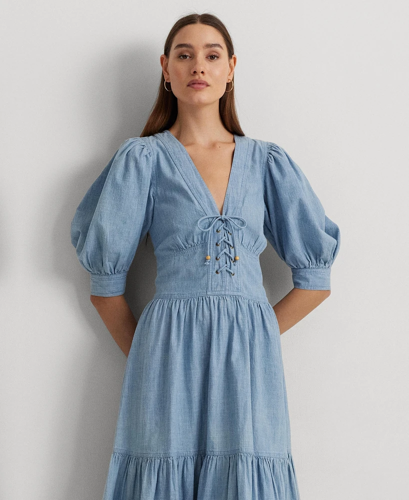 Lauren Ralph Women's Cotton Puff-Sleeve Chambray Dress