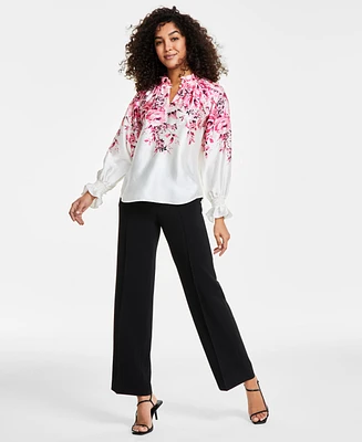 Anne Klein Women's Ruffled-Neck Floral-Print Top, Created for Macy's