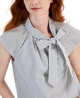 Jones New York Women's Cotton Striped Bow-Neck Short-Sleeve Blouse