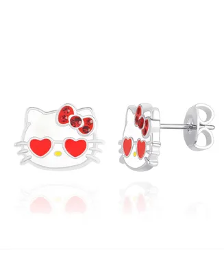 Sanrio Hello Kitty Silver Plated Pink Crystal and Enamel Heart Sunglasses Stud Earrings