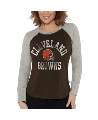 Women's G-iii 4Her by Carl Banks Brown, Heather Gray Distressed Cleveland Browns Waffle Knit Raglan Long Sleeve T-shirt