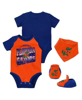 Baby Boys and Girls Mitchell & Ness Royal, Orange Florida Gators 3-Pack Bodysuit, Bib Bootie Set