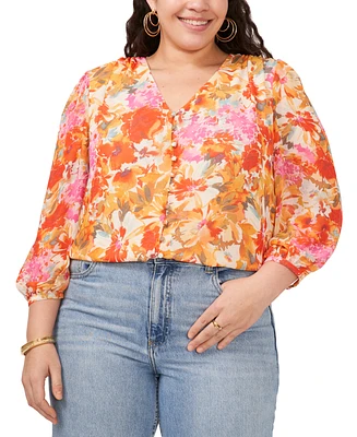 Vince Camuto Plus Size Printed V-Neck Button Front Top