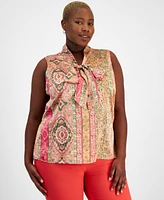 Tahari Asl Plus Printed Sleeveless Bow Blouse