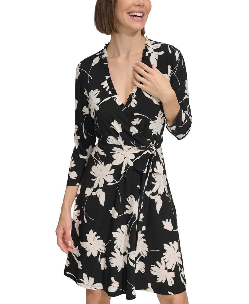 Tommy Hilfiger Women's Floral Ruffle-Neck Wrap Dress