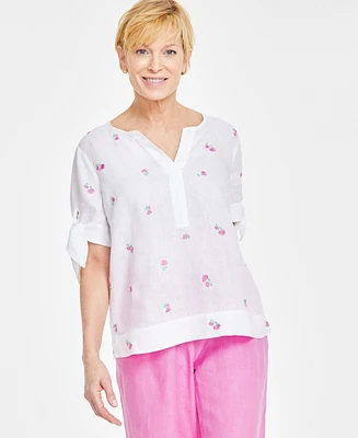 Charter Club Women's London 100% Linen Floral-Embroidered Top, Created for Macy's