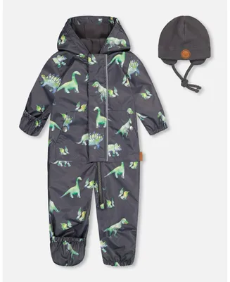 Baby Boy Baby Mid-Season One Piece With Hat Grey Printed Dinosaurs - Infant