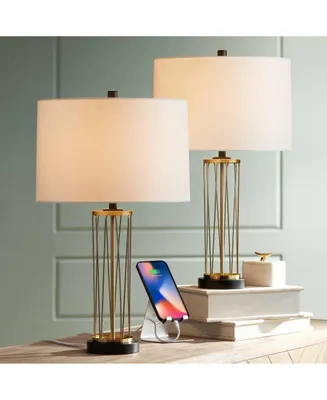 Nathan Modern Table Lamps 25 1/2" Tall Set of 2 with Usb Charging Ports Gold Metal Off White Drum Shade for Bedroom Living Room House Home Desk Bedsid