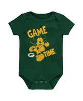 Baby Boys and Girls Green, Gold, Gray Green Bay Packers Three-Piece Disney Game Time Bodysuit Set