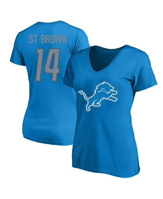 Women's Amon-Ra St. Brown Blue Detroit Lions Plus Fair Catch Name and Number V-Neck T-shirt