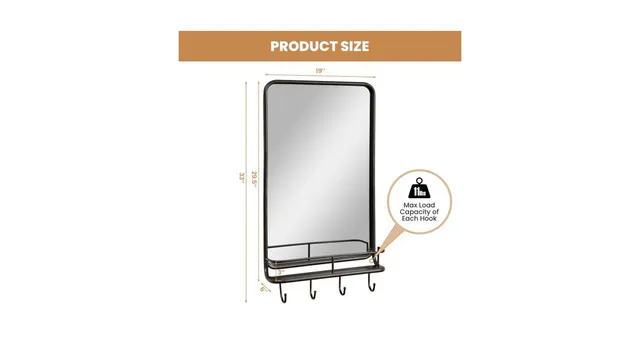 Wall Bathroom Mirror with Shelf Hooks Sturdy Metal Frame for Bedroom Living  Room