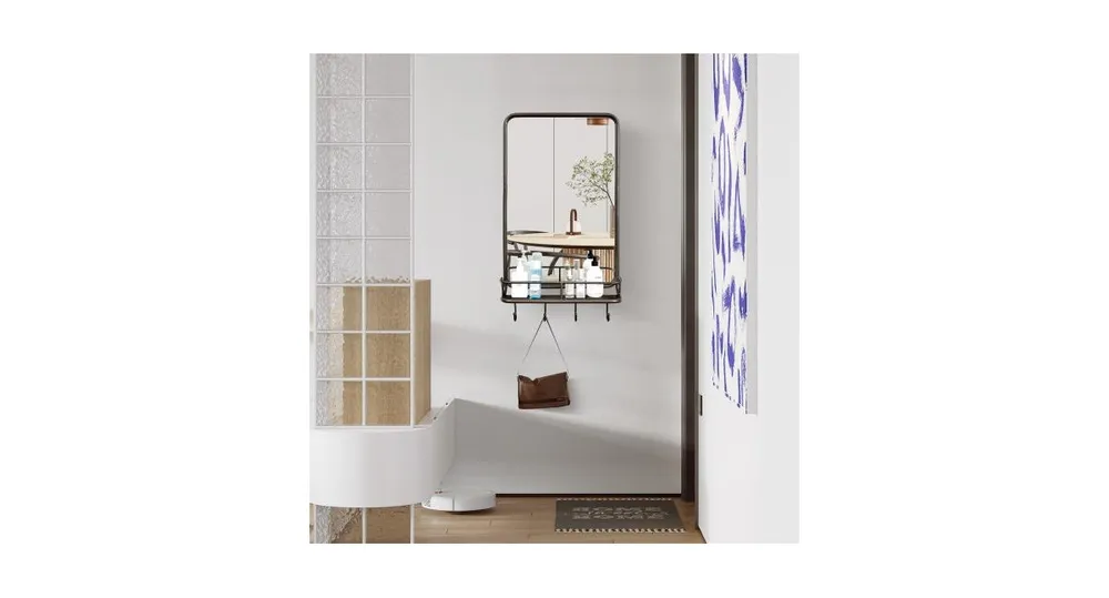 Wall Bathroom Mirror with Shelf Hooks Sturdy Metal Frame for Bedroom Living Room
