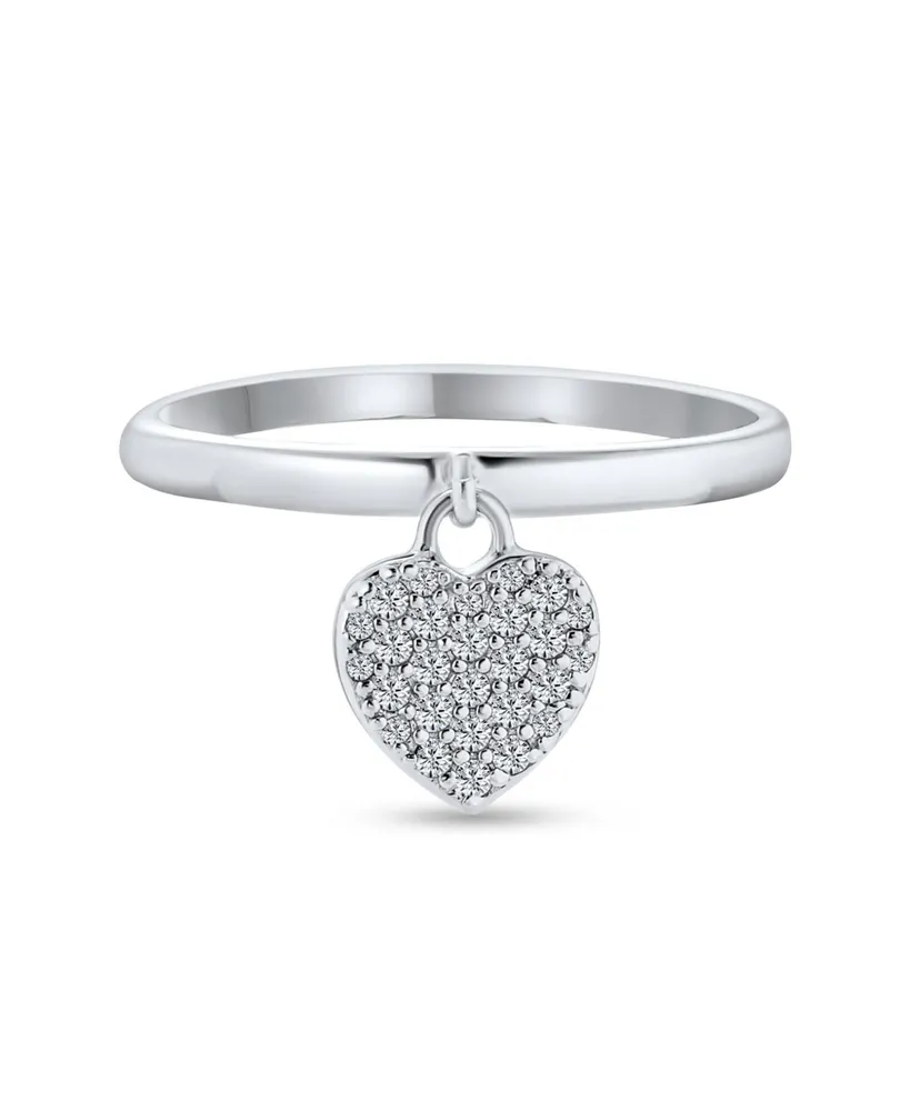 Bling Jewelry Simple Delicate Sterling Silver Pave Dangle Heart Charm Ring For 1MM Thin Band