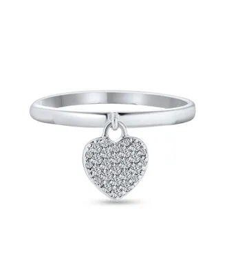 Bling Jewelry Simple Delicate .925 Sterling Silver Pave Dangle Heart Charm Ring For Teen Girlfriend 1MM Thin Band