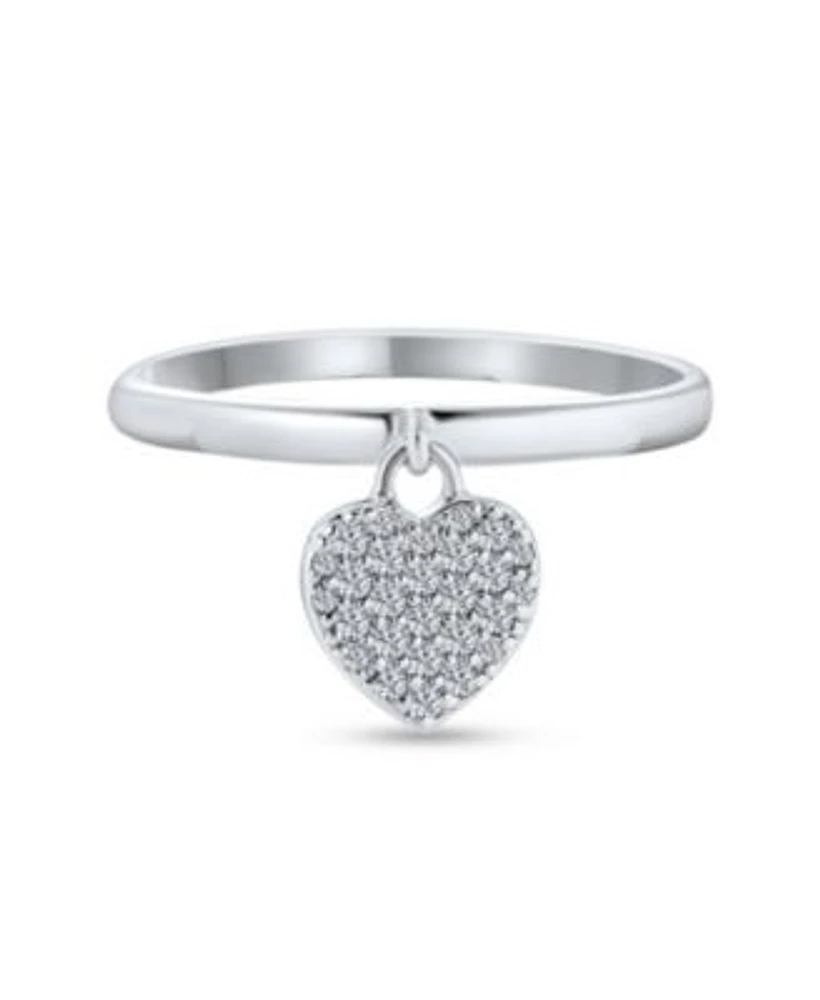 Bling Jewelry Simple Delicate Sterling Silver Pave Dangle Heart Charm Ring For For 1mm Thin Band