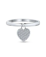 Bling Jewelry Simple Delicate Sterling Silver Pave Dangle Heart Charm Ring For For 1mm Thin Band