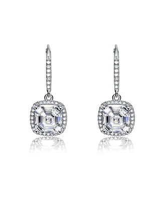 Sterling Silver White Gold Plated White Cubic Zirconia Radiant Square Drop Earrings