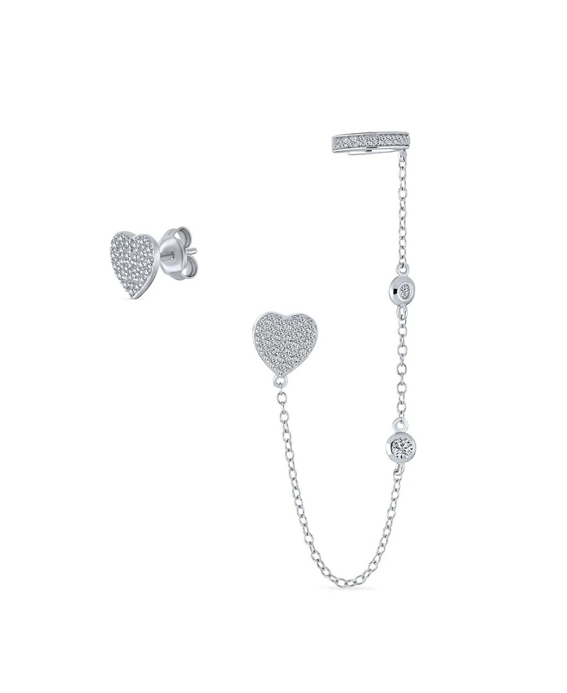 Bling Jewelry Heart Shaped Chain Cartilage Ear Cuff Wrap Earring Pave Cz Stud Helix Earring Stud Set Sterling Silver