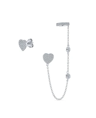 Heart Shaped Chain Cartilage Ear Cuff Wrap Earring Pave Cz Stud Helix Earring Stud Set .925 Sterling Silver