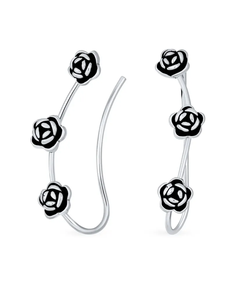 Bling Jewelry Retro 3D Flower Three Roses Wire Ear Pin Climbers Crawlers Rose Earrings For Women Oxidized Sterling Silver