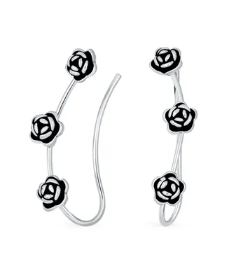 Romantic Retro 3D Flower Three Roses Wire Ear Pin Climbers Crawlers Rose Earrings For Women Oxidized .925 Sterling Silver