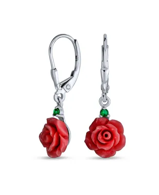 Romantic Delicate Floral Blooming 3D Red Rose Flower Green Cz Accent Lever back Dangle Earrings For Women Teen .925 Sterling Silver