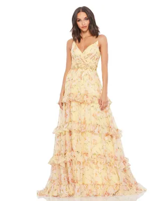 Women's Tiered Floral Chiffon Gown