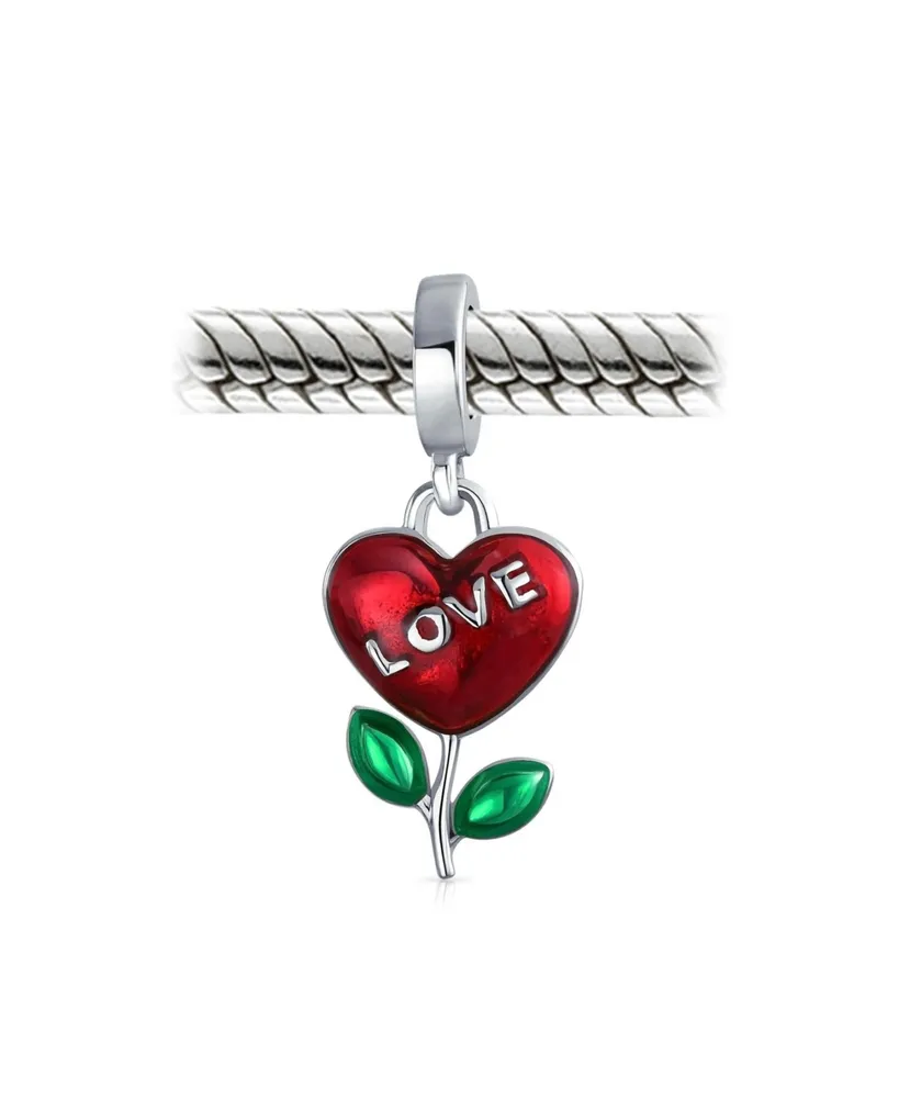 Personalized Valentine Word Love Grows Red Flower Heart Dangle Charm Bead For Women Girlfriend Enamel .925 Sterling Silver Fits European Bracelet