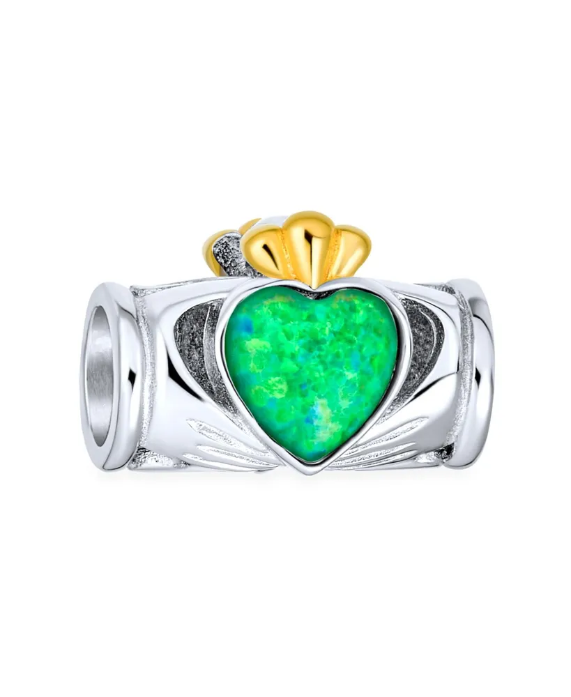 Green Created Opal Couples Bff Heart Crown Irish Claddagh Charm Bead For Women For Teen Two Tone .925 Sterling Silver Fits European Bracelet