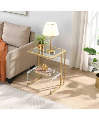 Simplie Fun Golden Side Table, 2-Tier Acrylic Glass End Table For Living Room Bedroom