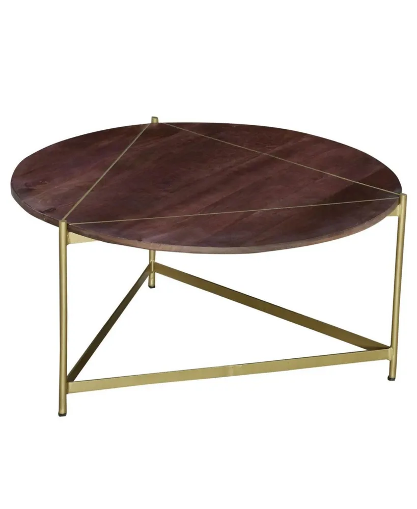 Simplie Fun Ellis 32 Inch Round Wood Coffee Table With Brass Metal Base, Brown, Matte Gold