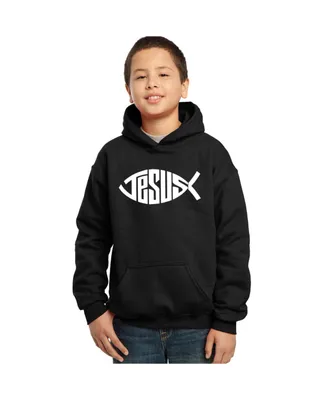 Boy's Word Art Hooded Sweatshirt - Christian Jesus Name Fish Symbol