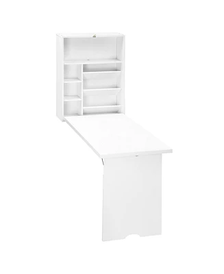 Homcom Wall Mounted Fold Out Convertible Desk, Multi-Function Floating Desk with Storage Shelf for Home Office, White