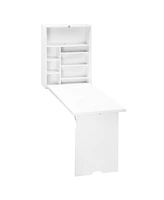 Homcom Wall Mounted Fold Out Convertible Desk, Multi-Function Floating Desk with Storage Shelf for Home Office, White