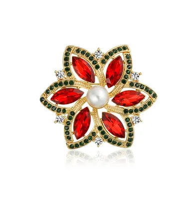 Red Marquise Colorful Crystal Simulated Pearl Fashion Large Statement Holiday Christmas Poinsettia Flower Scarf Brooch Pin For Women Gold Plated