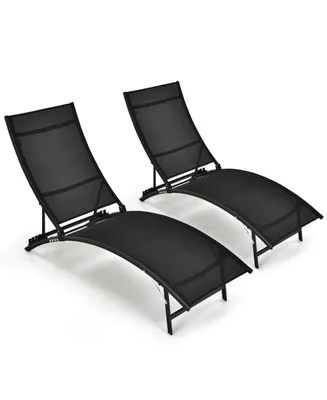 2 Pieces Patio Folding and Stackable Chaise Lounge Chair with 5-Position Adjustment-Black