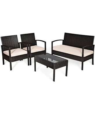 4 Pieces Patio Rattan Conversation Set with Loveseat Sofas and Coffee Table
